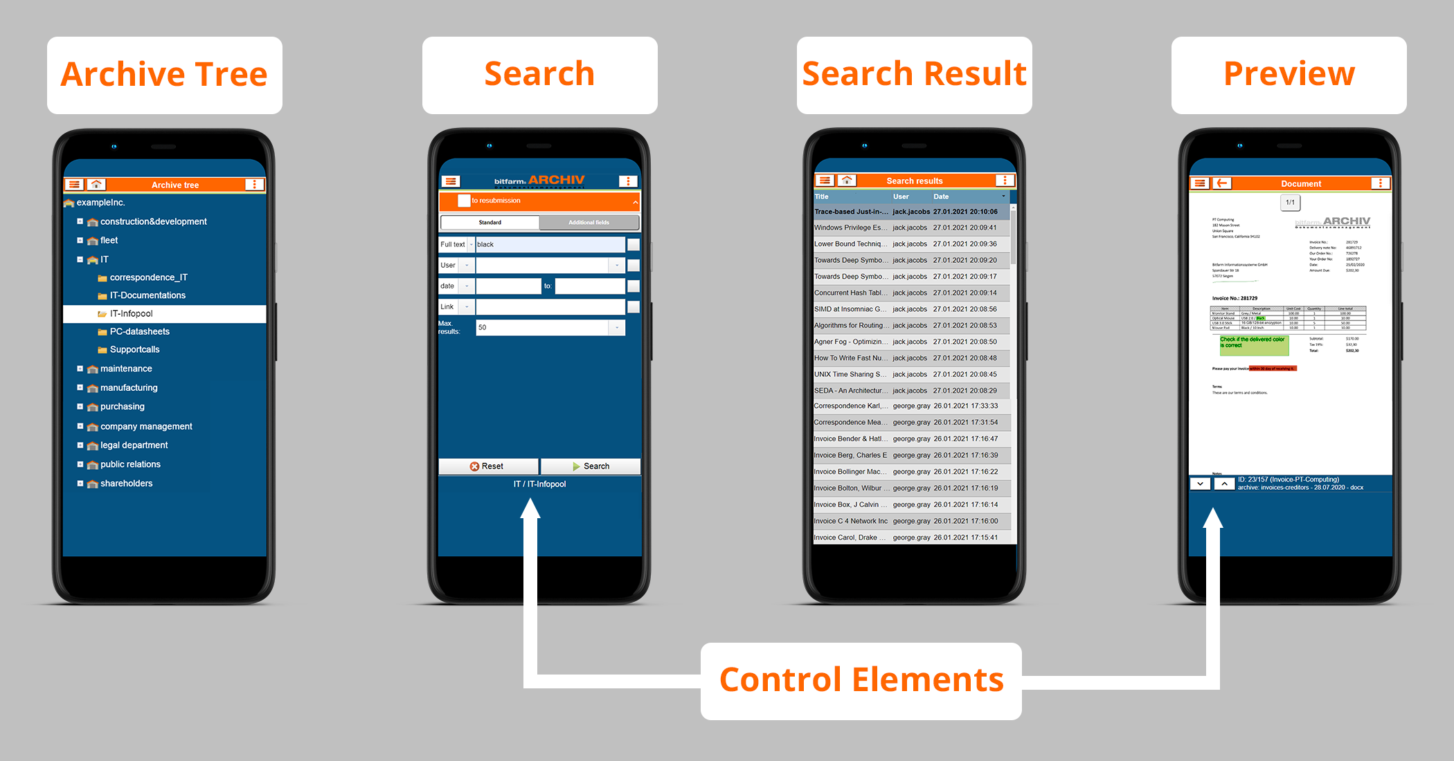 Screenshots of bitfarm-Archiv mobile App